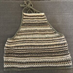 American Eagle y2K Halter Top Womens Medium Green‎ Brown Crochet Boho Cottage